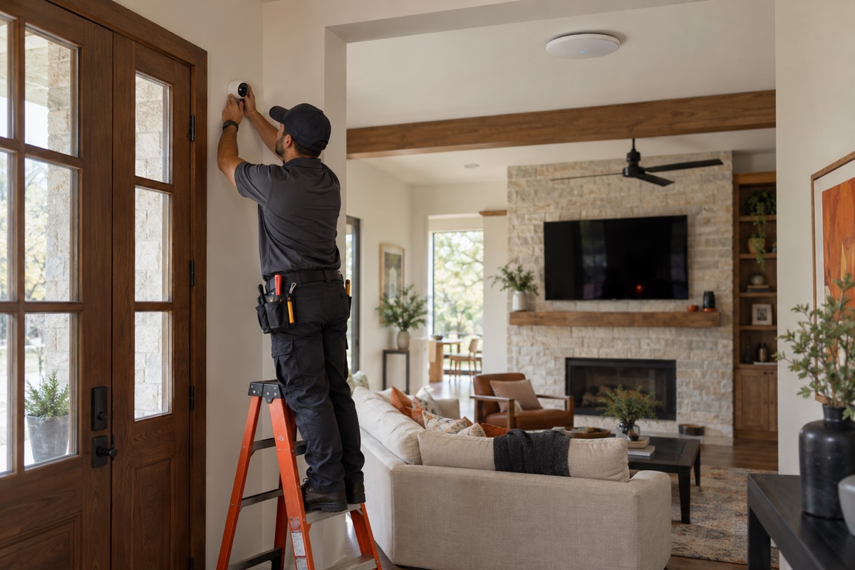 Técnico instalando una cámara de seguridad en un hogar con punto de acceso Wi-Fi y televisión en la pared