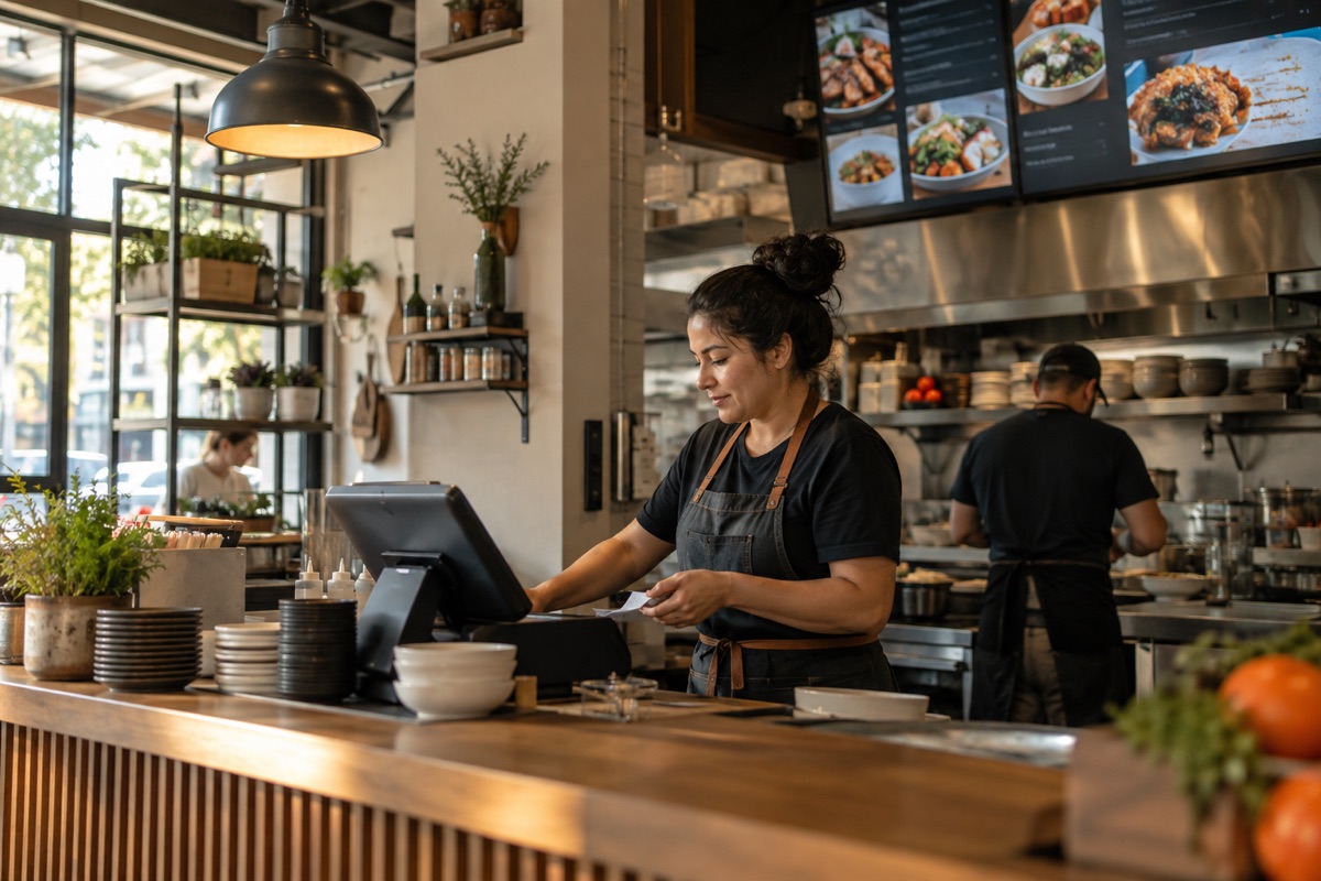 Dueña de restaurante trabajando en el mostrador junto al punto de venta y menús digitales